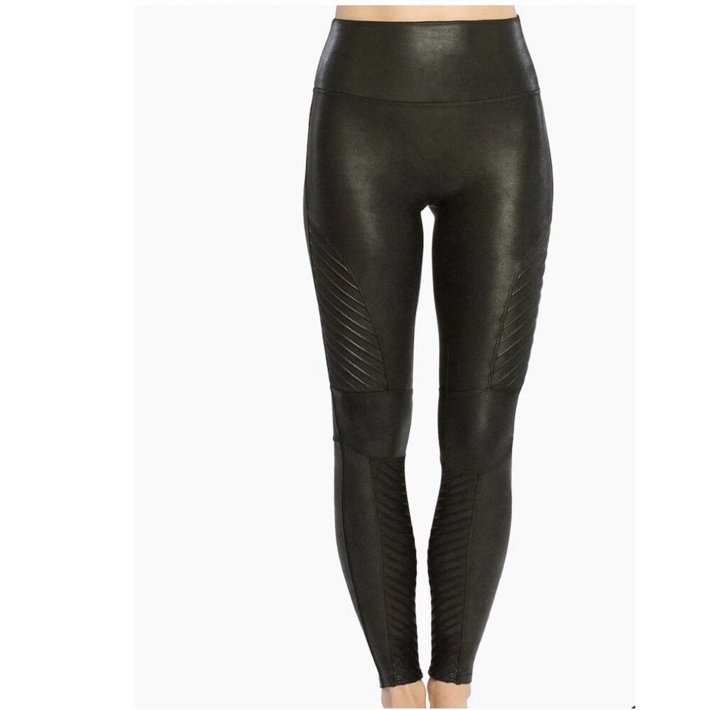 Spanx Women's Black Faux Leather Quilted Panel High Rise Moto Leggings Size S - Picture 2 of 6